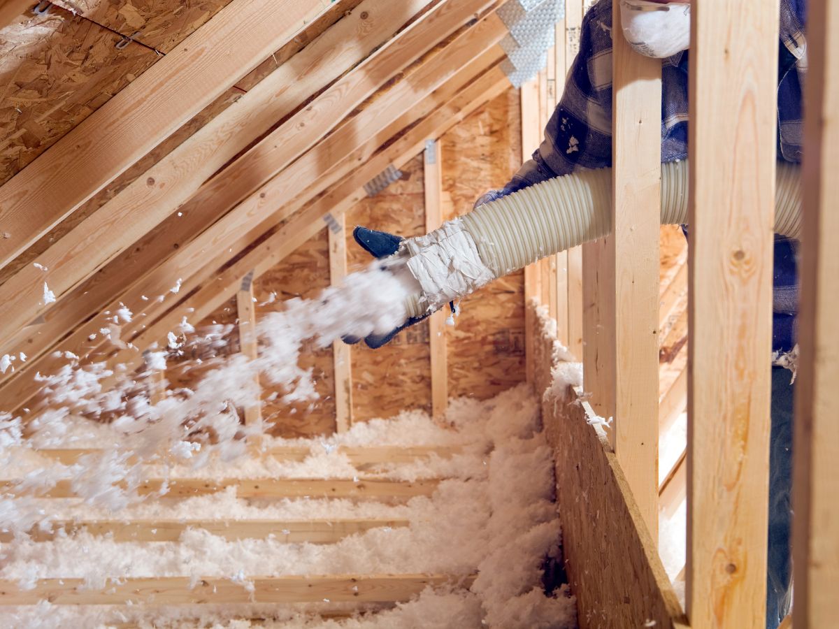 A man uses a vacuum cleaner to extract insulation from an attic, focusing on home improvement tasks.