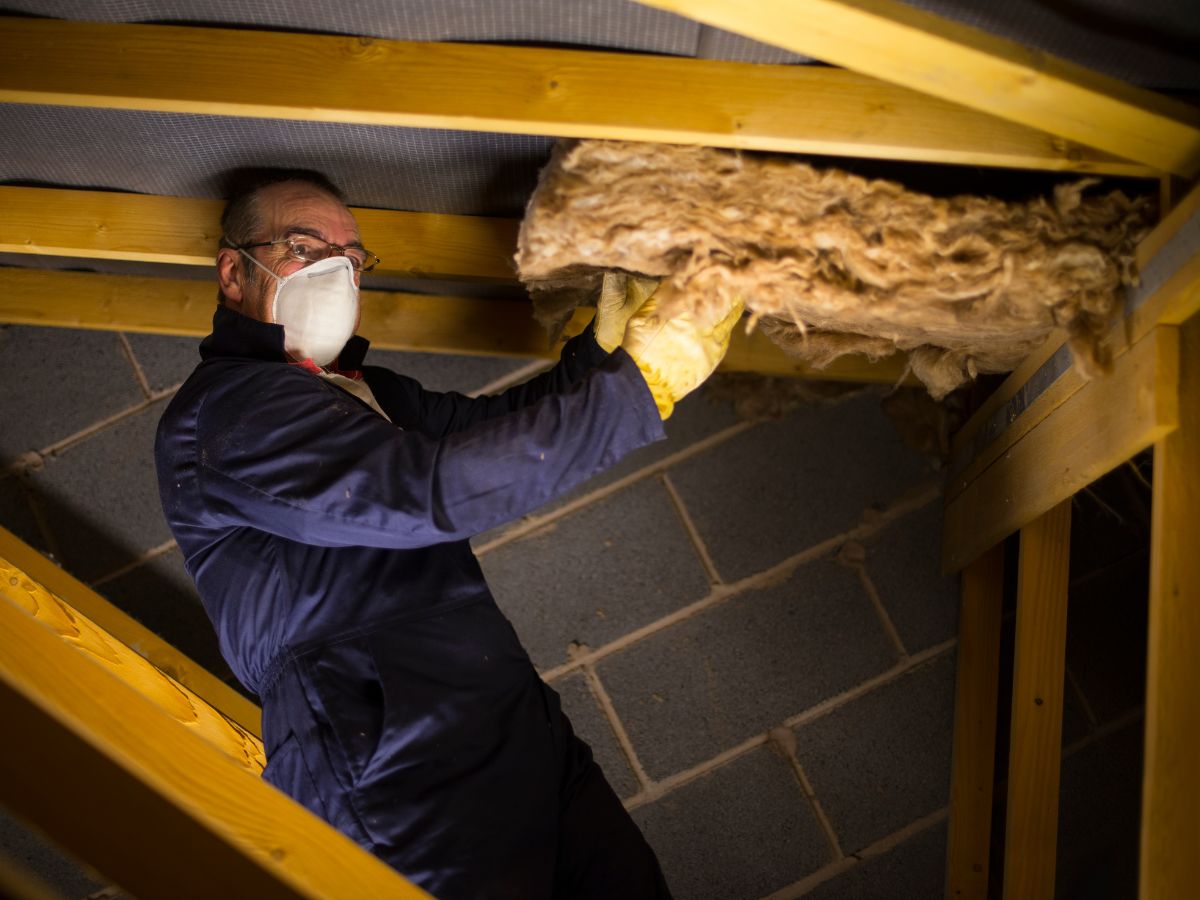 A masked man wearing gloves works on insulation in an attic, surrounded by wooden beams and exposed brick walls.